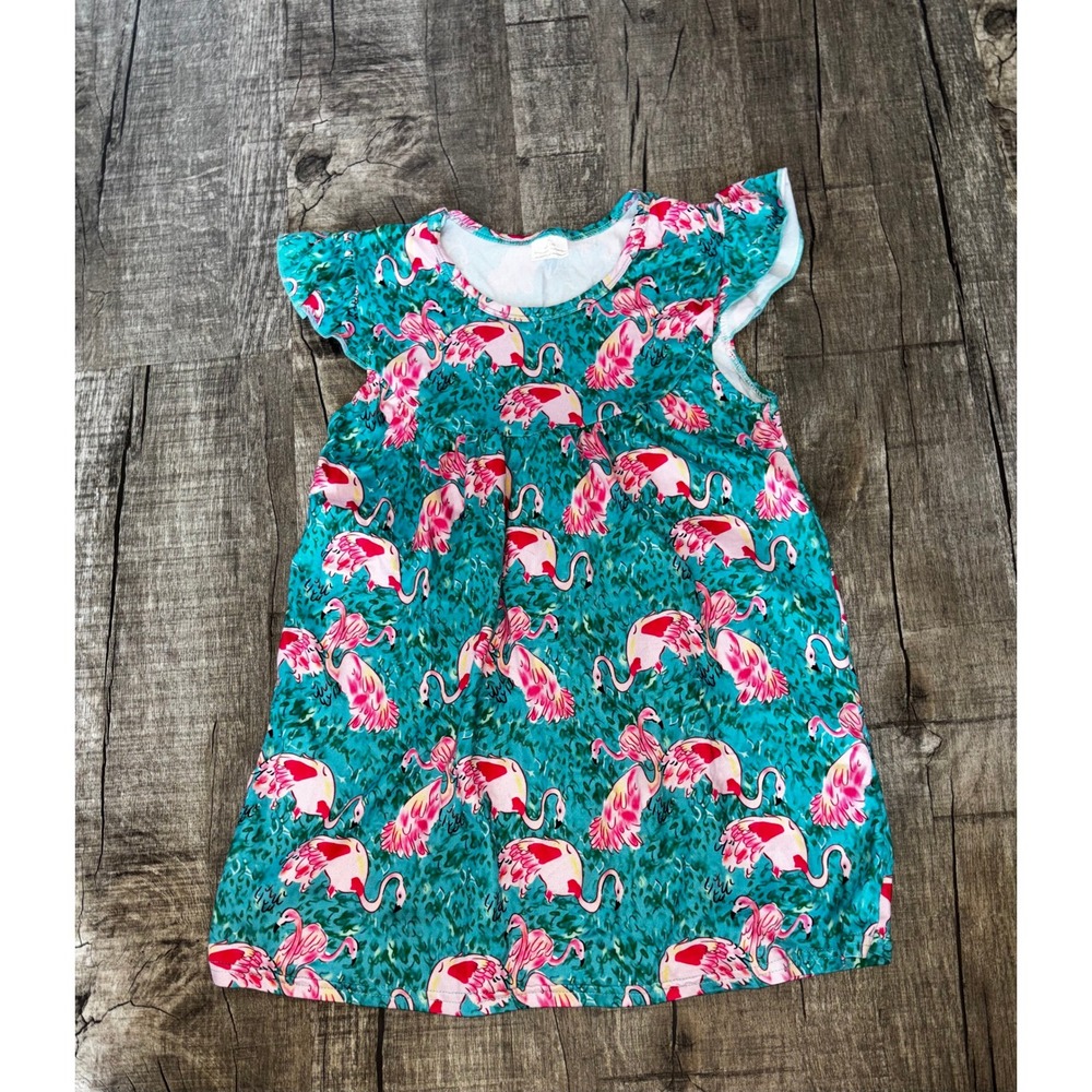 Girls Flamingo Print Flutter‎ Sleeve Dress Teal Pink Tropical Summer Size 5-6T